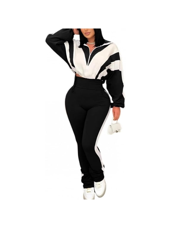 Womens 2 Piece Sweatsuits Color Block Long Sleeve Zipper Cropped Jacket Legging Pants Set Tracksuit Jogger Outfits