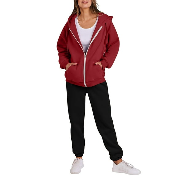 Womens 2 Piece Sweatsuits Full-zip Hoodie Jacket & Sweat Pant Sets Loose Tracksuits Sports Outfits, 2Pcs-Wine XL