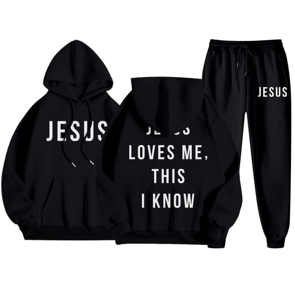 Womens 2 Piece Sweatsuits Jesus Letter Print Christian Long Sleeve Hooded Sweatshirts and Pants Oversized Fall Fashion Clothes Airport Travel Pants Tracksuits