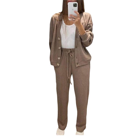 Womens 2 Piece Sweatsuits Long Sleeve V Neck Button Down Tops and Jogger Pants Fall Winter Trendy Lounge Sets Brown L