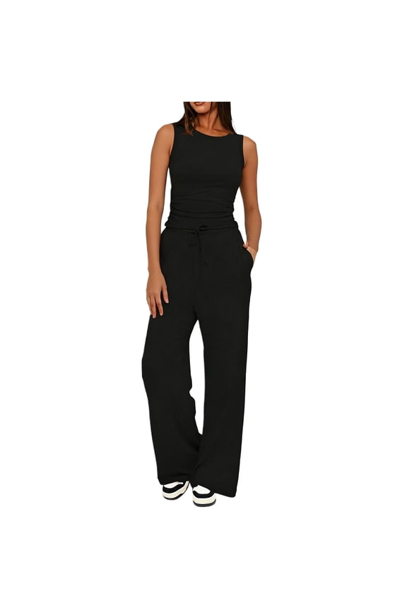 Womens 2 Piece Sweatsuits Lounge Sets Track suits Sleeveless Tank Tops Wide Leg Pants Matching Outfits 2026 Black M