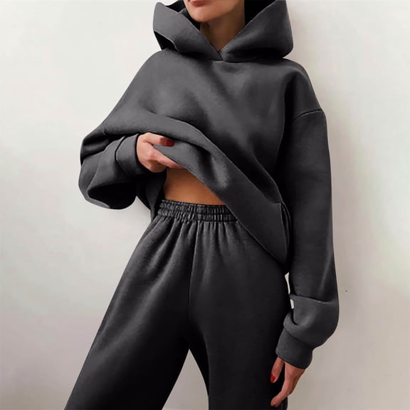 Womens 2 Piece Sweatsuits Oversized Hoodies Sweatshirt Wide Leg Sweatpants Matching Sets Lounge Tracksuits Outfits Dark Gray L