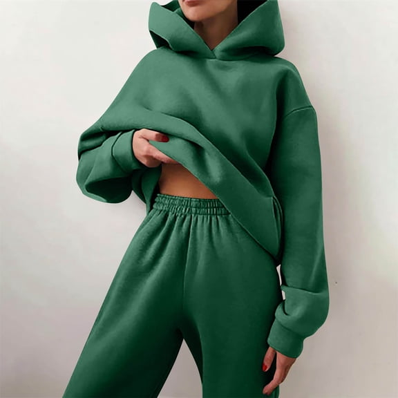 Womens 2 Piece Sweatsuits Oversized Hoodies Sweatshirt Wide Leg Sweatpants Matching Sets Lounge Tracksuits Outfits Dark Green S