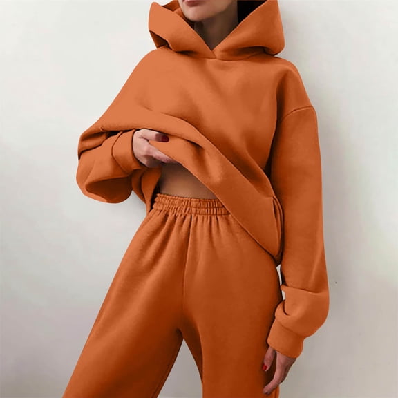 Womens 2 Piece Sweatsuits Oversized Hoodies Sweatshirt Wide Leg Sweatpants Matching Sets Lounge Tracksuits Outfits Orange S