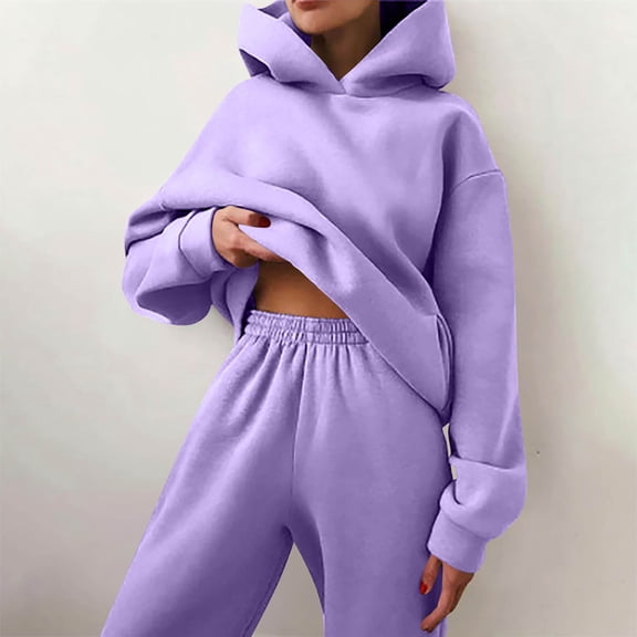 Womens 2 Piece Sweatsuits Oversized Hoodies Sweatshirt Wide Leg Sweatpants Matching Sets Lounge Tracksuits Outfits Purple M