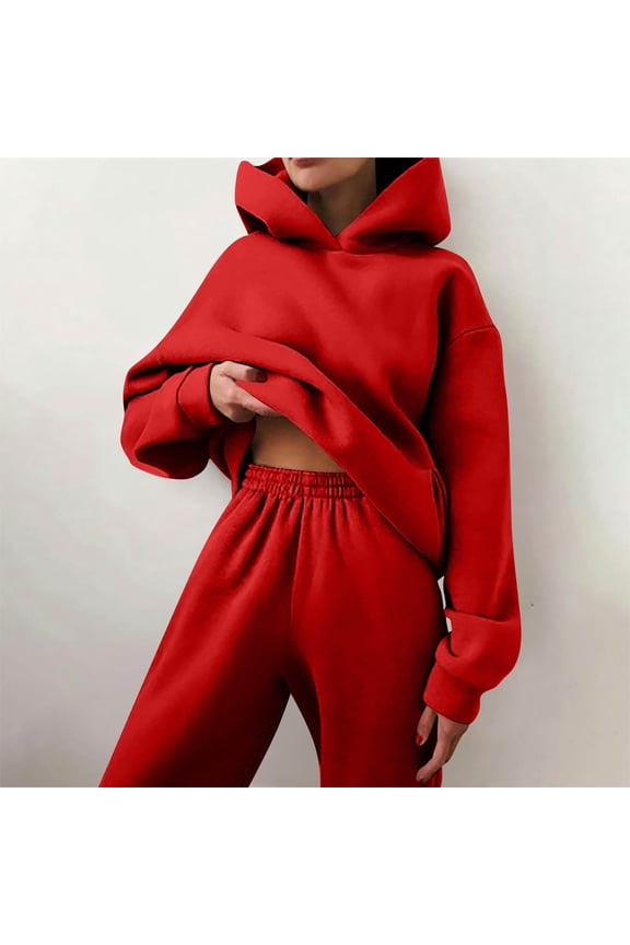 Womens 2 Piece Sweatsuits Oversized Hoodies Sweatshirt Wide Leg Sweatpants Matching Sets Lounge Tracksuits Outfits Red 2XL