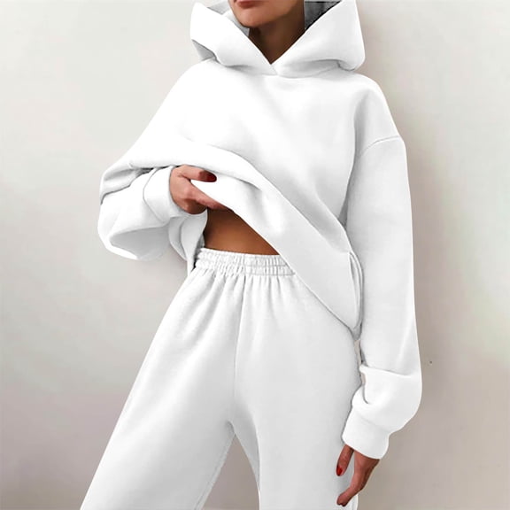 Womens 2 Piece Sweatsuits Oversized Hoodies Sweatshirt Wide Leg Sweatpants Matching Sets Lounge Tracksuits Outfits White S