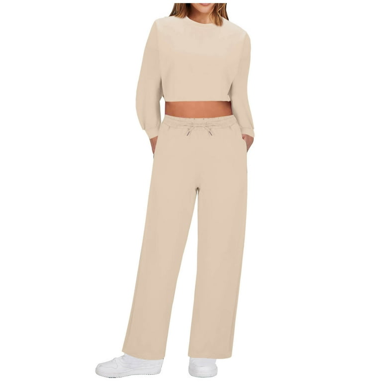 Womens 2 Piece Sweatsuits Pullover Casual Solid Cropped Sweatshirt Matching Sweatpants Fall Tracksuit with Pockets Walmart