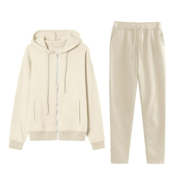 Womens 2 Piece Sweatsuits Solid Color Full Zip Up Long Sleeve Hooded Pullover and Sweatpants Fall Fashion Leisure Travel Vacation Clothes