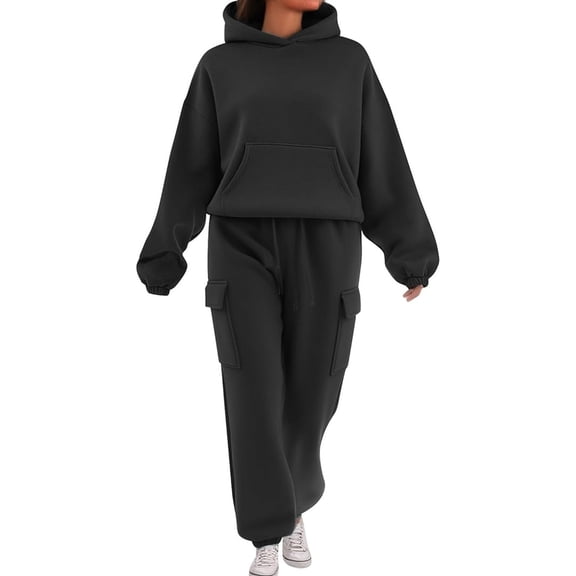 Womens 2 Piece Sweatsuits Solid Color Hooded Sweatshirt Sweatpants Long Sleeve Fashion Travel Tracksuit Matching Set Winter Clothes