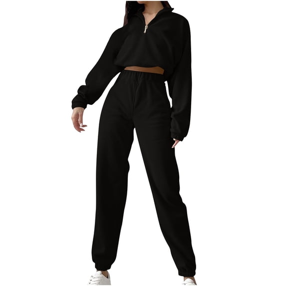 Womens 2 Piece Sweatsuits Zipper Pullover Crop Sweatshirt Sweatpants Fuzzy Fleece Fall Long Sleeve Athletic Outfits, Black, S