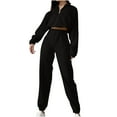 thumbnail image 1 of Womens 2 Piece Sweatsuits Zipper Pullover Crop Sweatshirt Sweatpants Fuzzy Fleece Fall Long Sleeve Athletic Outfits, Black, XL, 1 of 7