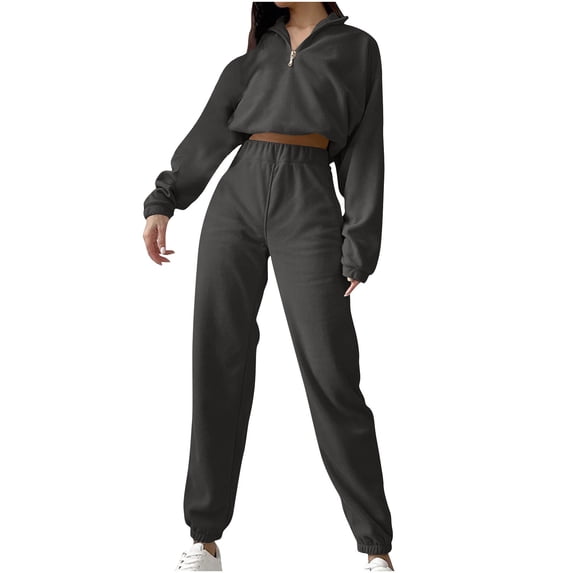 Womens 2 Piece Sweatsuits Zipper Pullover Crop Sweatshirt Sweatpants Fuzzy Fleece Fall Long Sleeve Athletic Outfits, Gray, S