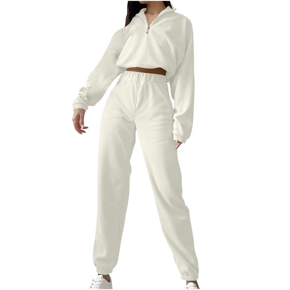 Womens 2 Piece Sweatsuits Zipper Pullover Crop Sweatshirt Sweatpants Fuzzy Fleece Fall Long Sleeve Athletic Outfits, White, S