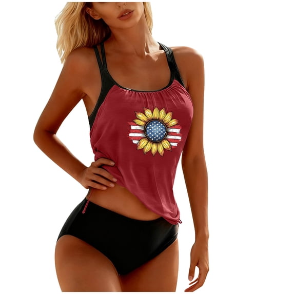 Womens 2 Piece Swimsuits Casual Fashion Print Tank Top Bathing Suits with Bottom Summer Modest Swimwear