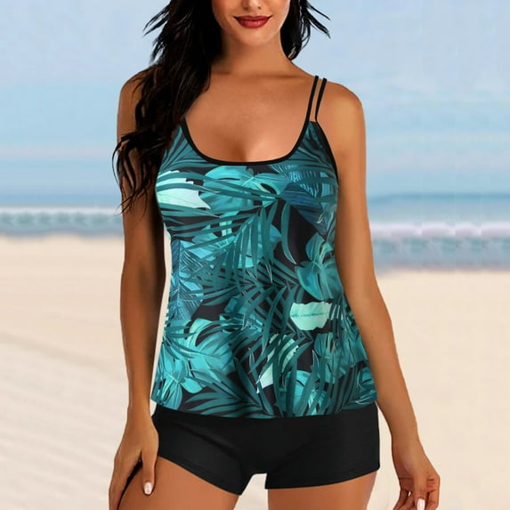 Womens 2 Piece Swimsuits Set- Summer Beachwear Ladies Swimwear Printed High Waist Conservative Tankini Tops Bathing Suits Gifts Green Size M