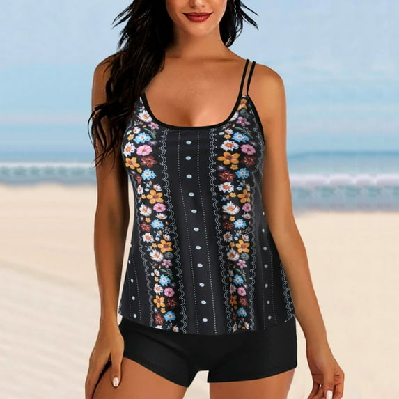 Womens 2 Piece Swimsuits Set- Summer Beachwear Tankini Tops Ladies Swimwear Printed High Waist Conservative Bathing Suits Gifts Black Size L