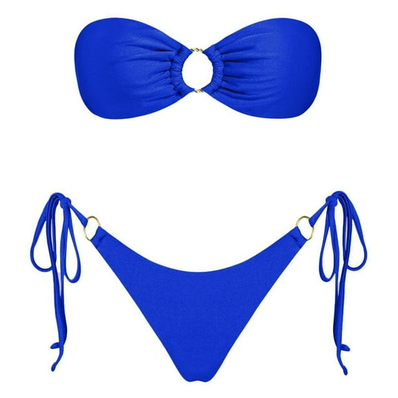 Womens 2 Piece Swimsuits Solid Color Strapless Backless Gathering Separate Bikini Blue Bathing Suits for Women M