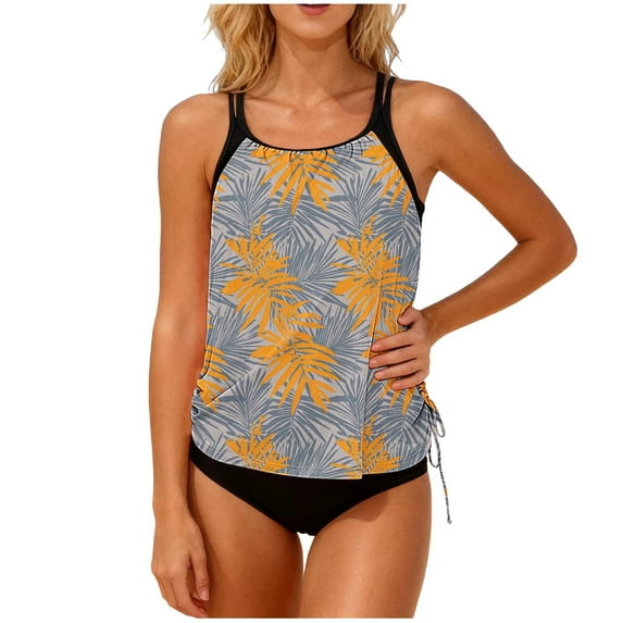 Womens 2 Piece Tankini Bathing Suits Tropical Racerback Swimsuits Beach Modest Swimwear Tops with Briefs(Beige S)