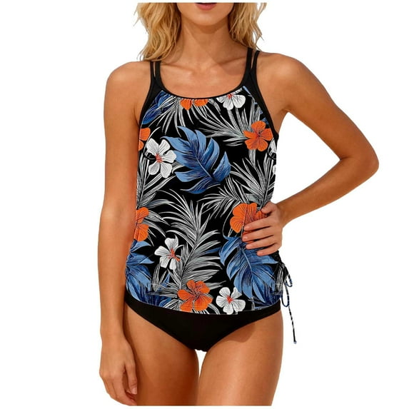 Womens 2 Piece Tankini Bathing Suits Tropical Racerback Swimsuits Beach Modest Swimwear Tops with Briefs(Black L)