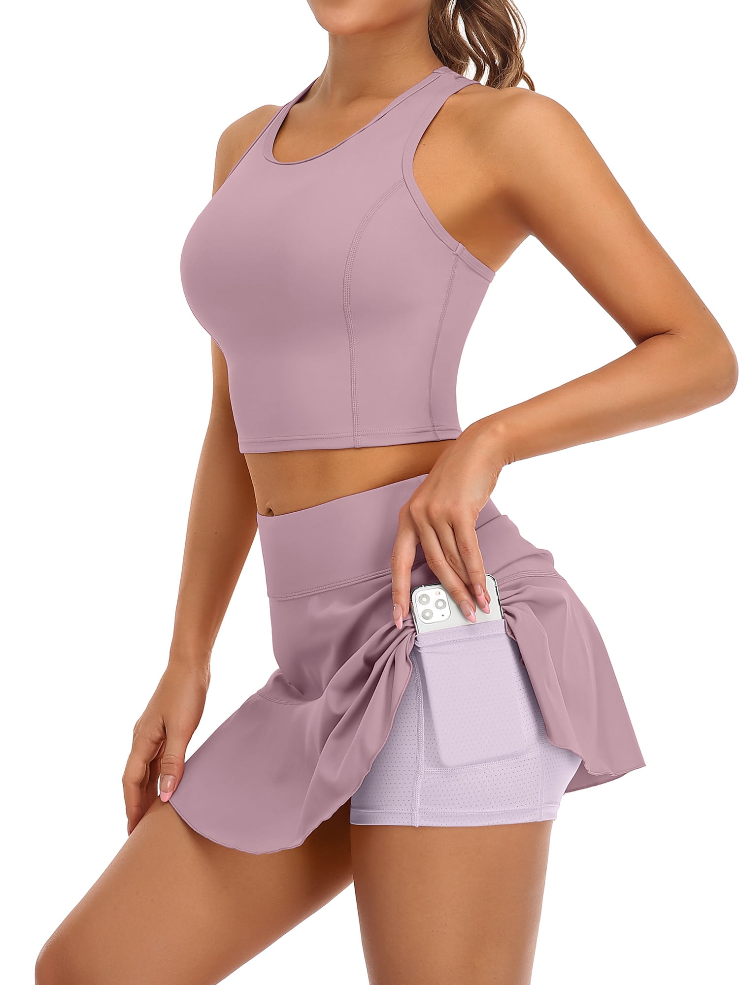 Pink 2 Piece Tennis Dresses for Women with Shorts and Pockets Golf Workout Outfits Skirts Sets