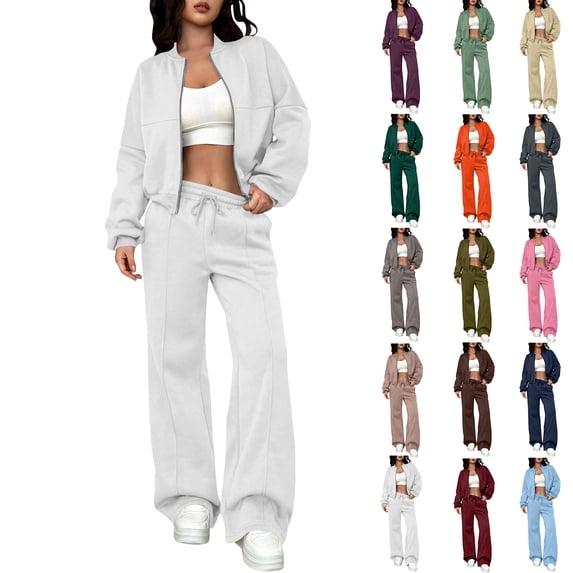 Womens 2 Piece Tracksuit Fall Fashion Long Sleeve Zip Up Crop Sweatshirt & Drawstring Long Pants Outfits Jogger Sweatsuit Sets 2XL