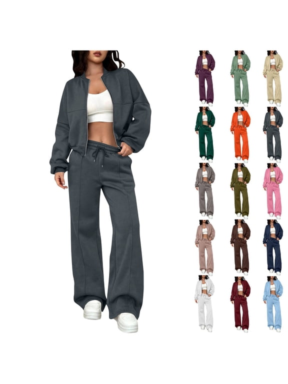 Womens 2 Piece Tracksuit Fall Fashion Long Sleeve Zip Up Crop Sweatshirt Wide Leg Long Pants Outfits Sweatsuit Sets