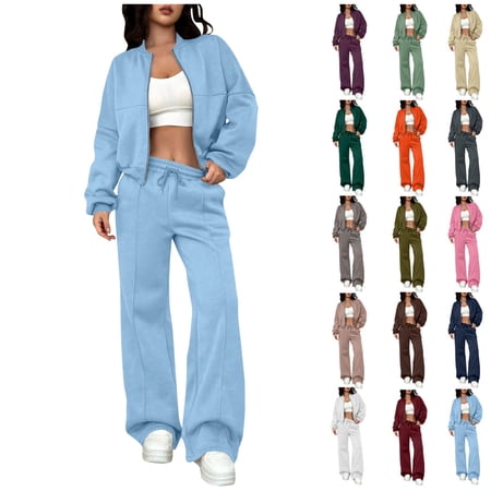 Boyscolos Womens 2 Piece Tracksuit Fall Fashion Long Sleeve Zip Up Crop Sweatshirt Wide Leg Long Pants Outfits Sweatsuit Sets