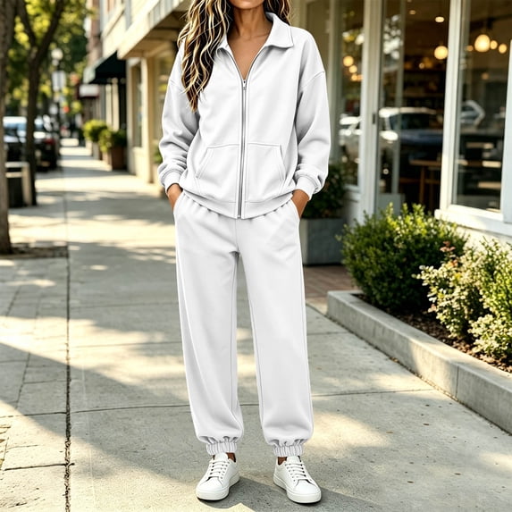 Womens 2 Piece Tracksuit Full Zipper Stand Collar Jacket with Front Pockets Wide Leg Joggers Trendy Solid Color Outfit White XL