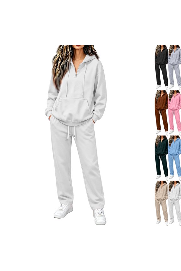 Womens 2 Piece Tracksuit Quarter Zip Hoodie & Straight Leg Sweatpants Set Oversized Casual Athletic Sweatsuit with Kangaroo Pockets White M
