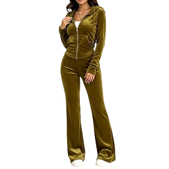 Womens 2 Piece Velour Set Zip Up Hoodie Long Sleeve Velvet Sweatshirts Flare Sweatpants Drawstring Waist Tracksuit Casual Lounge Travel Outfits
