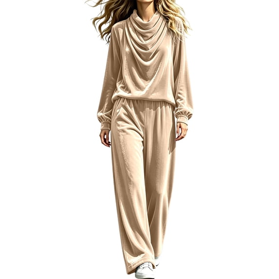 Womens 2 Piece Velour Tracksuit Oversized Cowl Neck Top Jogger Pants Sets Comfy Casual Outfit, Loose FIt Home Loungewear, Fall Winter Fashion Sweatsuits(Beige,XL)