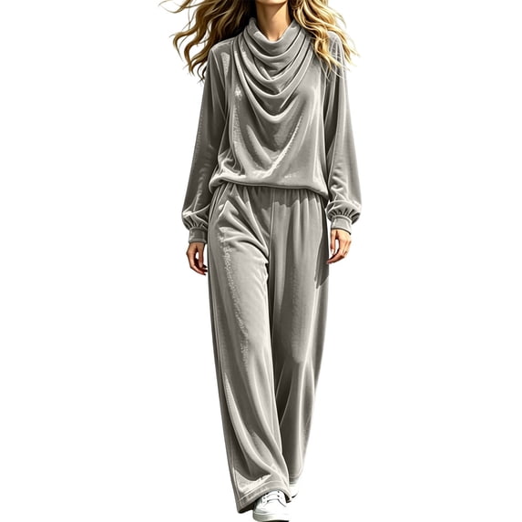 Womens 2 Piece Velour Tracksuit Oversized Cowl Neck Top Jogger Pants Sets Comfy Casual Outfit, Loose FIt Home Loungewear, Fall Winter Fashion Sweatsuits(Grey,S)