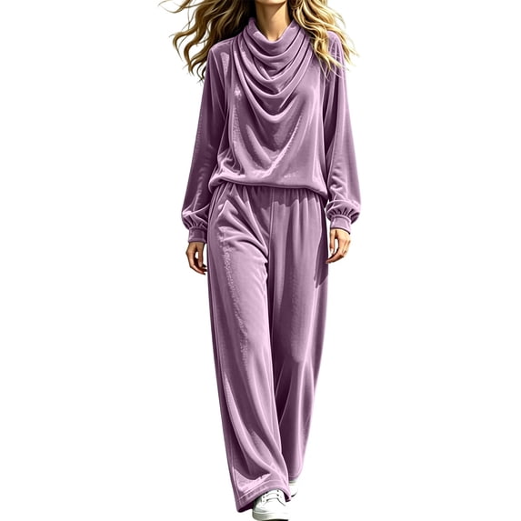 Womens 2 Piece Velour Tracksuit Oversized Cowl Neck Top Jogger Pants Sets Comfy Casual Outfit, Loose FIt Home Loungewear, Fall Winter Fashion Sweatsuits(Purple,XL)