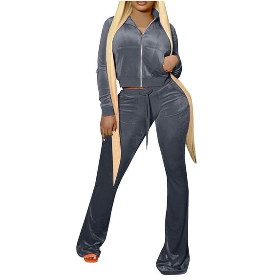 Womens 2 Piece Velvet Tracksuit Long Sleeve Zip Up Crop Jacket Tops Flared Long Pant Sets with Pockets