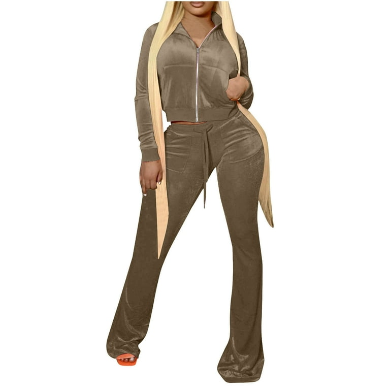 Womens Piece Velvet Tracksuit Long Sleeve Zip Up Crop Jacket