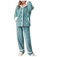 thumbnail image 1 of Womens 2 Piece Warm Fleece Pajamas Set Soft Sleepwear Long Sleeve Lapel Button Down Shirt with Pants Winter Homewear Ladies Clothes, 1 of 5