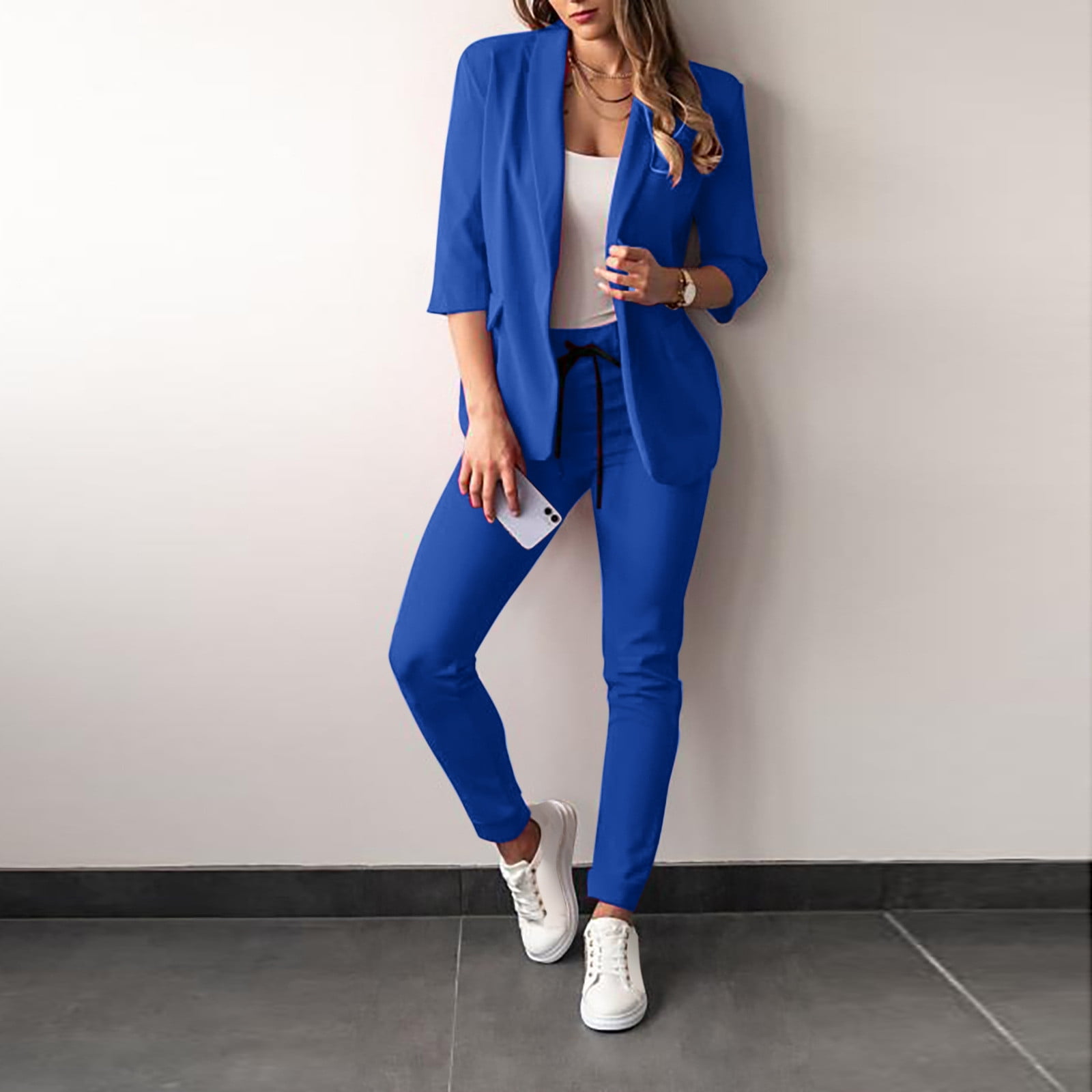 Womens 2 Piece Work Outfits 3/4 Sleeve Open Front Cardigan Blazer  Drawstring Pants Casual Business Office Sets 