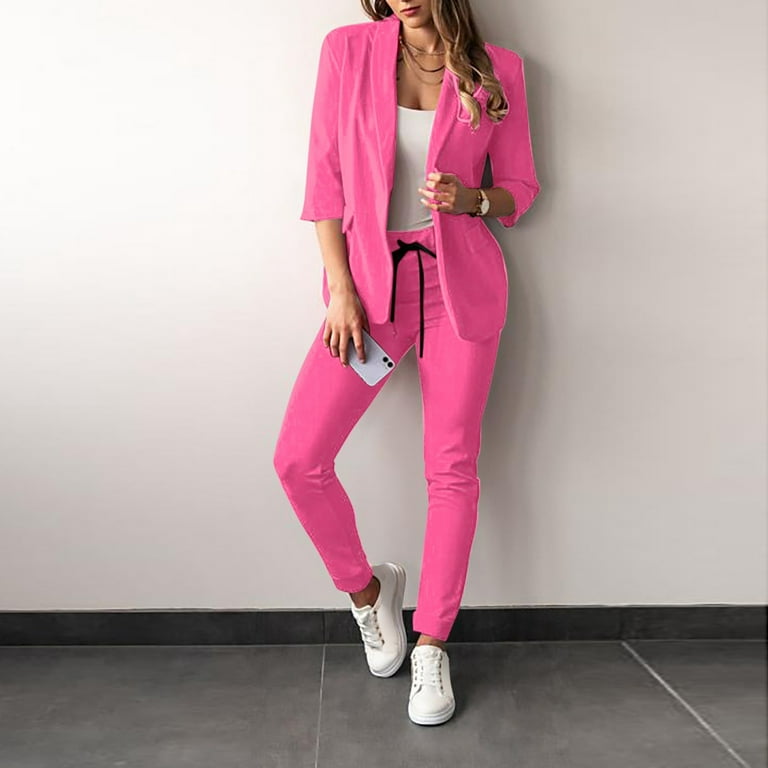 Womens 2 Piece Work Outfits 3/4 Sleeve Open Front Cardigan Blazer  Drawstring Pants Casual Business Office Sets 