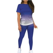 Womens 2 Piece Workout Outfits Casual Gradient Crewneck Short Sleeve Tops and High Waist Leggings Sets Sweatsuits