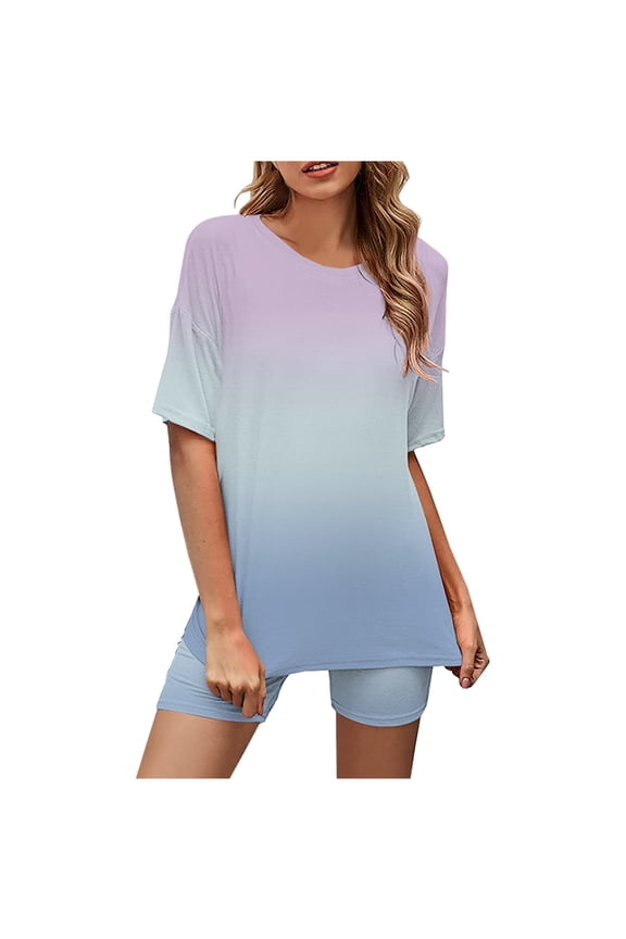 Womens 2 Piece Workout Outfits Casual Round Neck Short Sleeve T-Shirt High Waist Biker Shorts Sports Sets Tracksuit Ladies Clothes