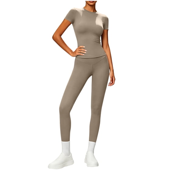 Womens 2 Piece Workout Set Athletic T-Shirt High Waist Leggings Activewear for Gym, Running Yoga Coffee M(M)