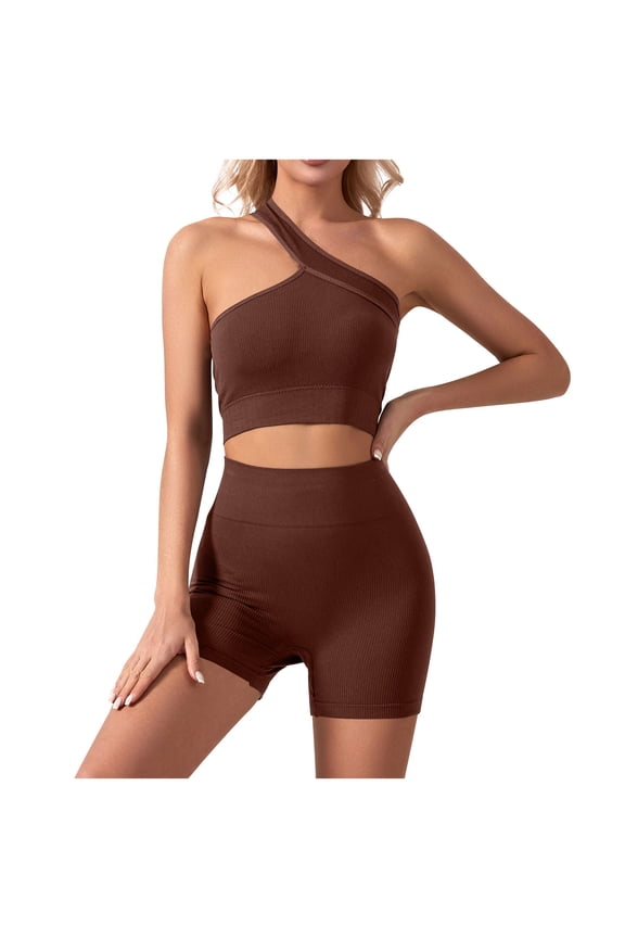 Womens 2 Piece Workout Sets - Seamless Ribbed Gym Athletic Yoga Outfits Sports Bra One Shoulder Crop Tops Biker Shorts on Clearance