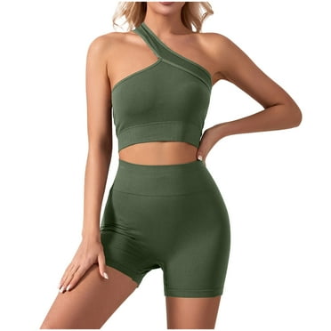 Womens 2 Piece Workout Sets - Seamless Ribbed Gym Athletic Yoga Outfits Sports Bra One Shoulder Crop Tops Biker Shorts on Clearance