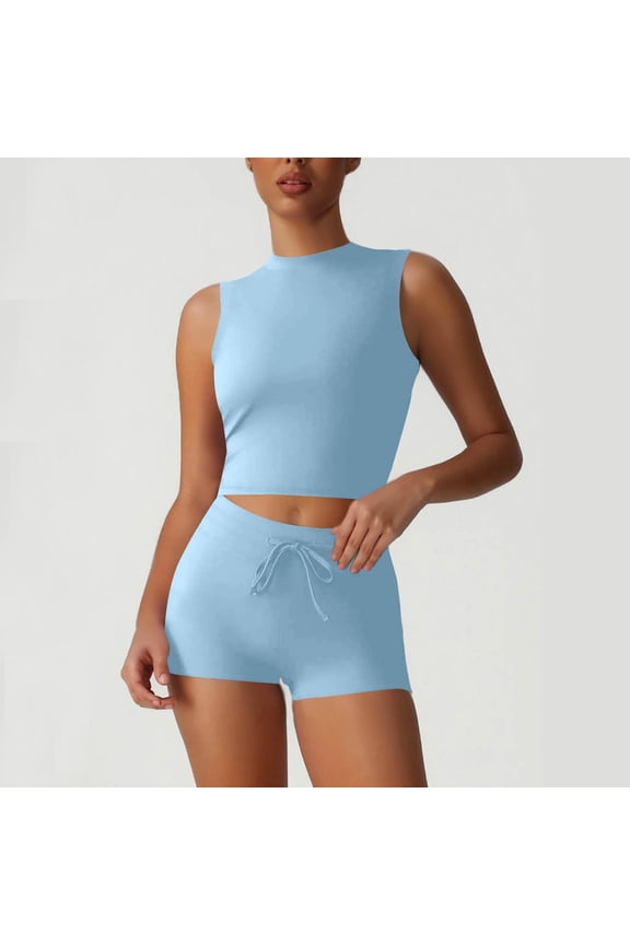 Womens 2 Piece Yoga Set Pants Crew Neck Sleeveless Tops Elastic High Waist Shorts Gym Fitness Sports Suits (M, Blue)