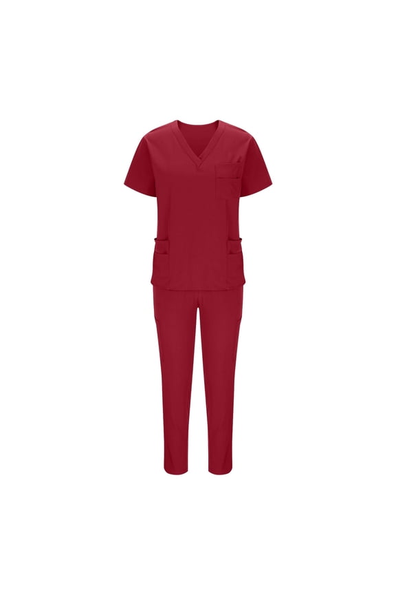 Womens 2 Pieces Medical Scrubs ,Womens Slim Fitted V Neck Short Sleeve Tees Medical Scrub Tops Tshirt High High Waist Drawstring Pants Soft Stretch Mock Wrap Top Nurse Workwear