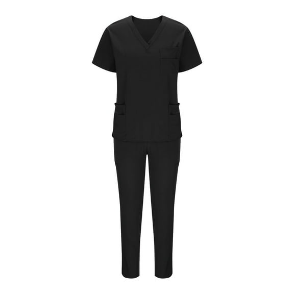 Womens 2 Pieces Medical Scrubs ,Womens Slim Fitted V Neck Short Sleeve Tees Medical Scrub Tops Tshirt High High Waist Drawstring Pants Soft Stretch Mock Wrap Top Nurse Workwear