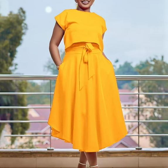 Womens 2 Pieces Outfits Dress Sets Ruffle Floral Tank Top Boho Belt Lace Up Long Skirt Set Solid Color Officewear Dresses Uniform Summer Elegant Skirt with Cap Sleeve Top Suit Yellow qILAKOG Size XXXL