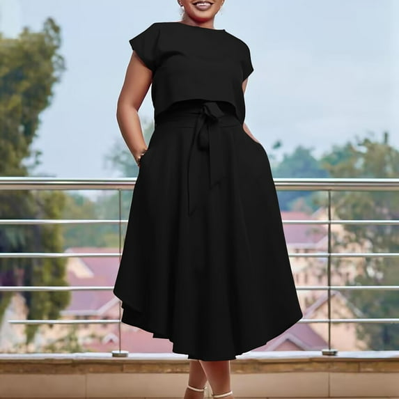 Womens 2 Pieces Outfits Dress Sets Ruffle Floral Tank Top Boho Belt Lace Up Long Skirt Set Solid Color Officewear Dresses Uniform Summer Elegant Skirt with Cap Sleeve Top Suit Black qILAKOG Size XL