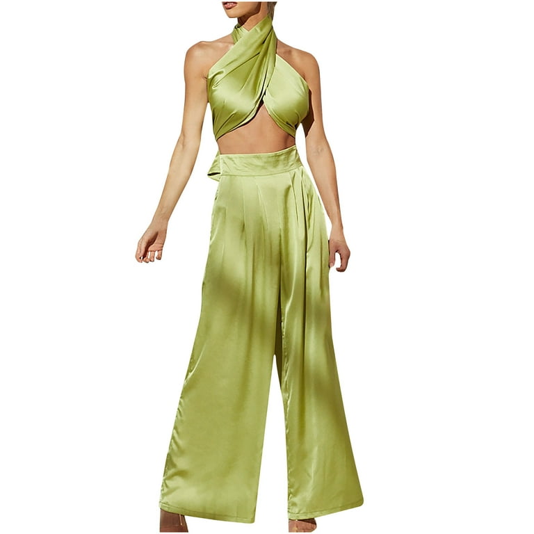 Womens 2 Pieces Outfits Summer Solid Casual Criss Cross Sexy Sleeveless  Crop Tops and Wide Leg Pants Sets